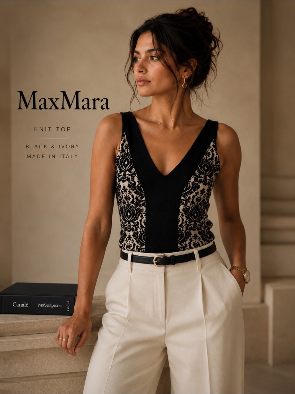 🇮🇹 Authentic Max Mara Knit Top Size S Black Ivory V-Neck Designer Luxury